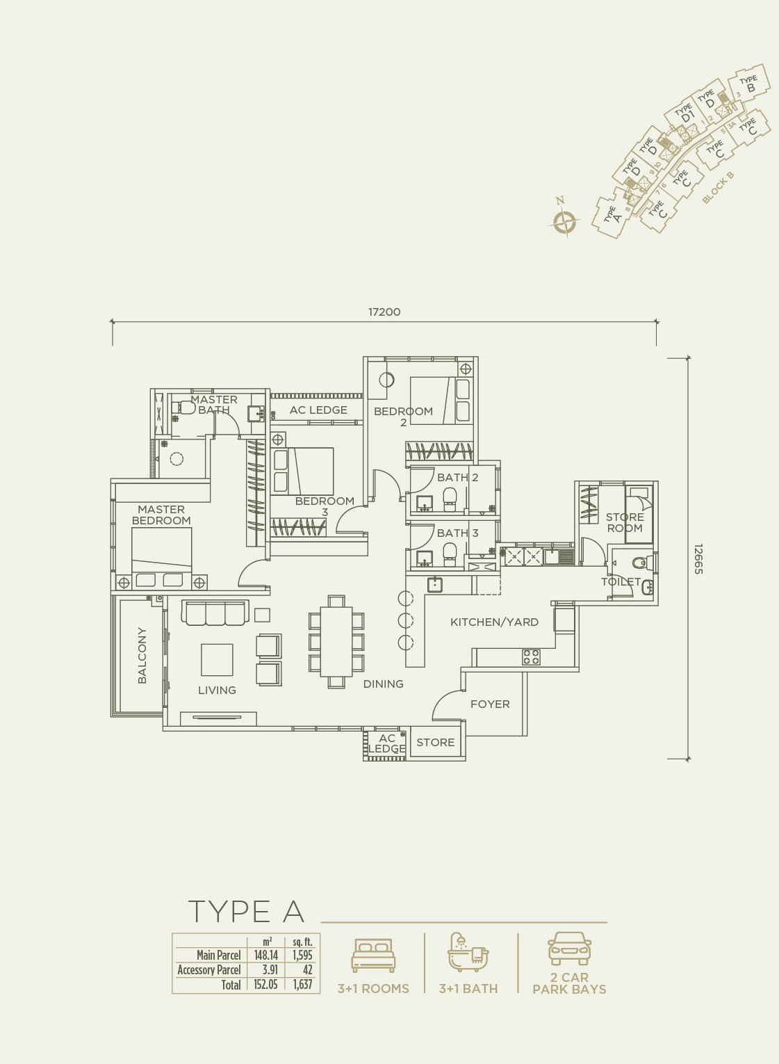 Linari Type A floor plan — 1,637 sqft · 3+1 Rooms · 3+1 Bath · 2 Parking