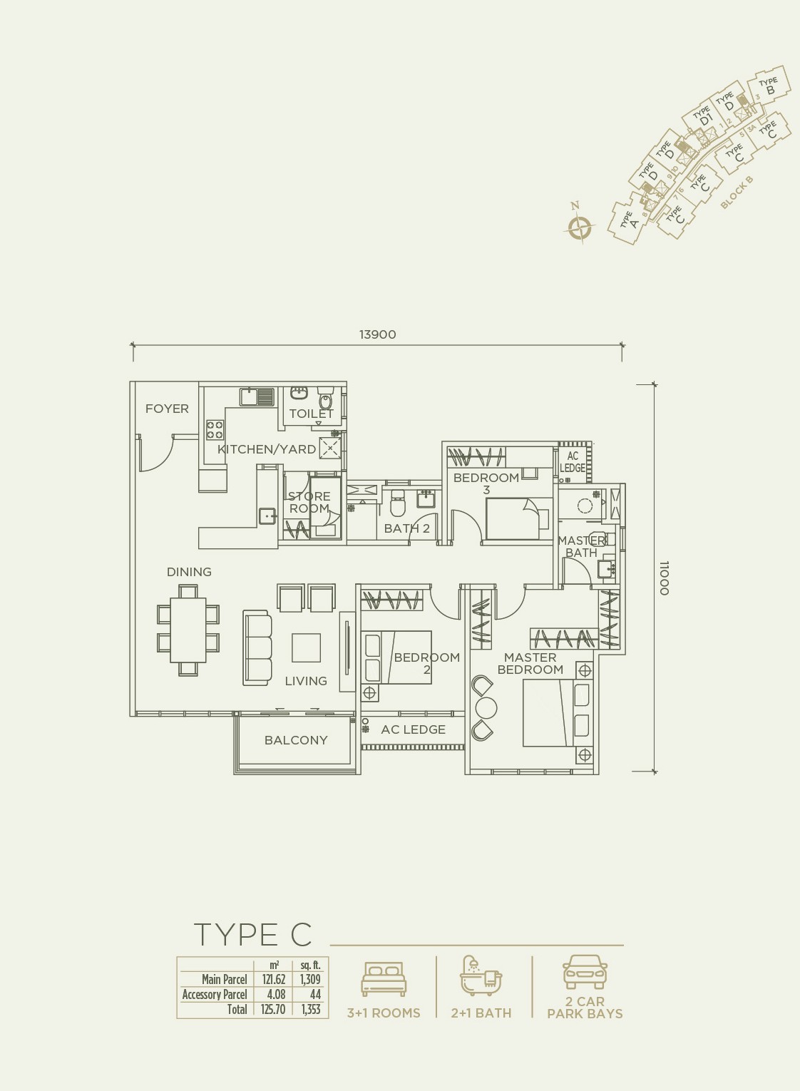 Linari Type C floor plan — 1,353 sqft · 3+1 Rooms · 2+1 Bath · 2 Parking